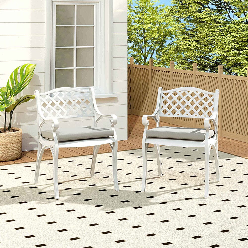 Set of 2 Garden Chairs Cast Aluminium Armchairs with Cushion Black/White Patio Side Chairs Living and Home White