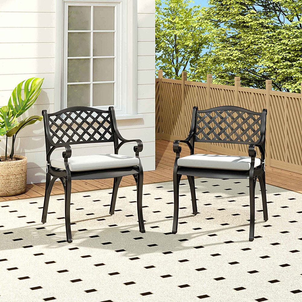 Set of 2 Garden Chairs Cast Aluminium Armchairs with Cushion Black/White Patio Side Chairs Living and Home Black