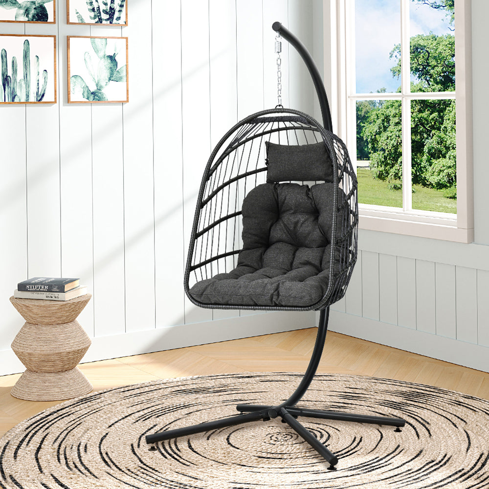 Black Rattan Patio Swing Chairs with Stand and Cushion