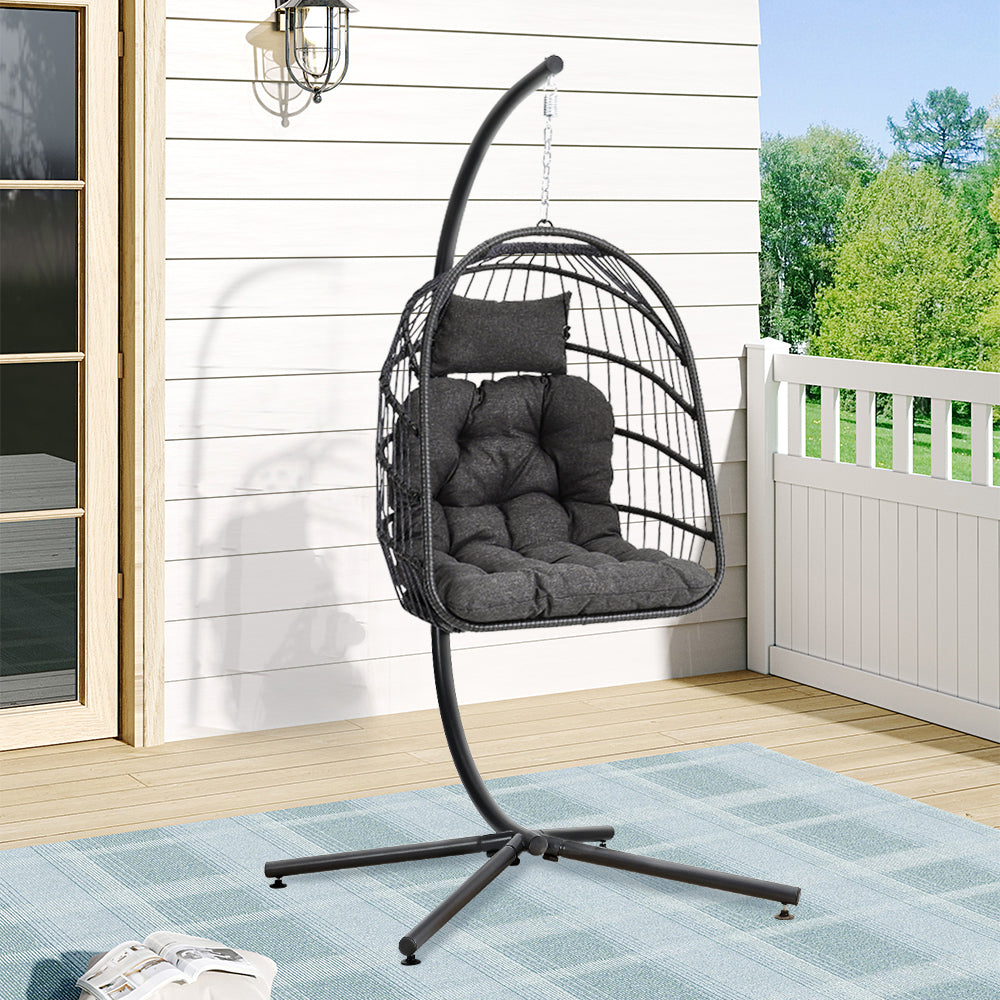 Black Rattan Patio Swing Chairs with Stand and Cushion