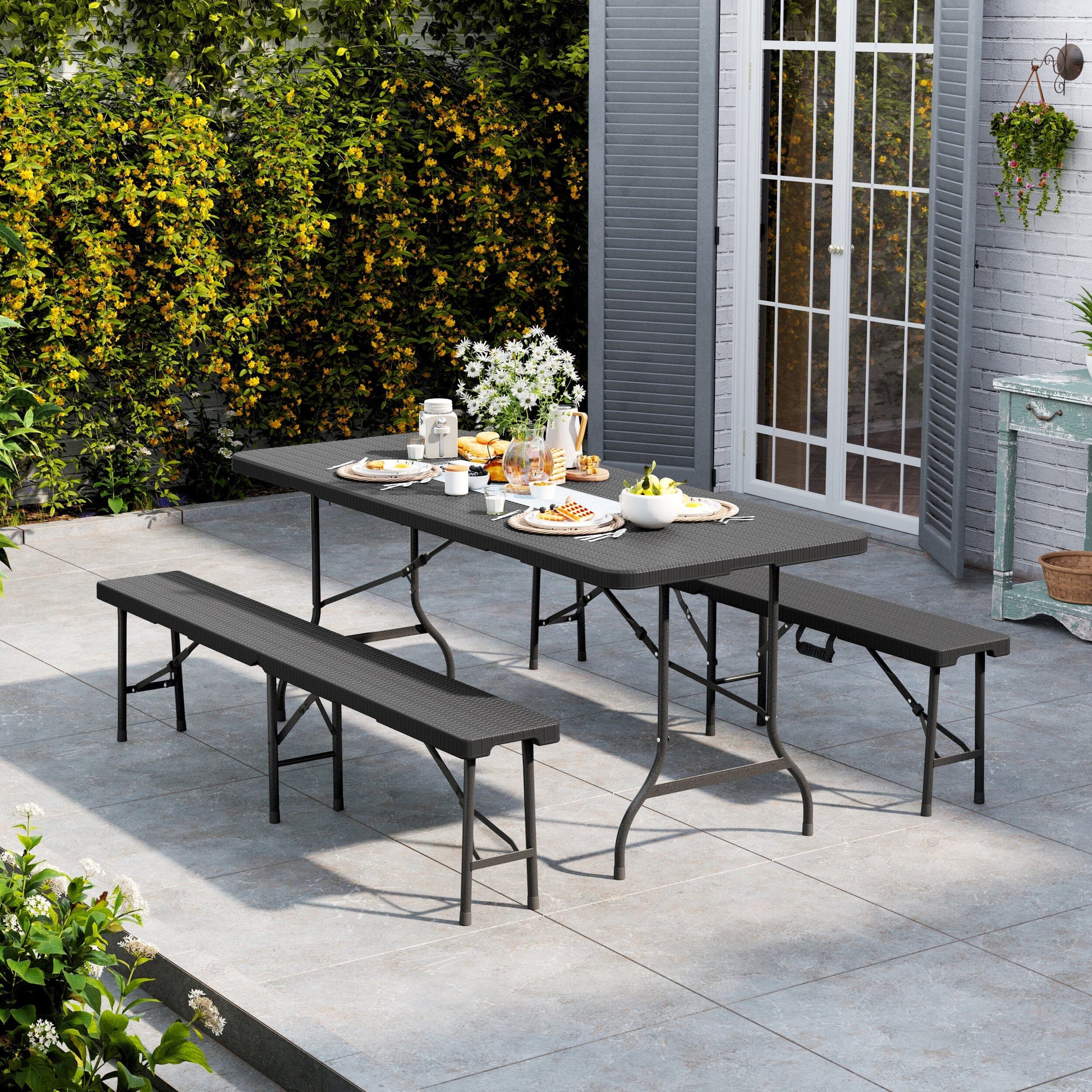 30x70 Inch Black Rattan Plastic Outdoor Folding Table – Sturdy Rectangular Patio Table