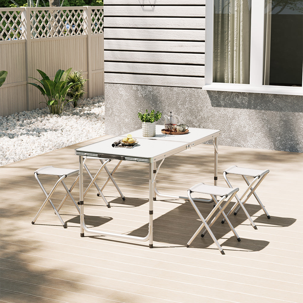 White Aluminium Folding Camping Table Set with 4 Stools