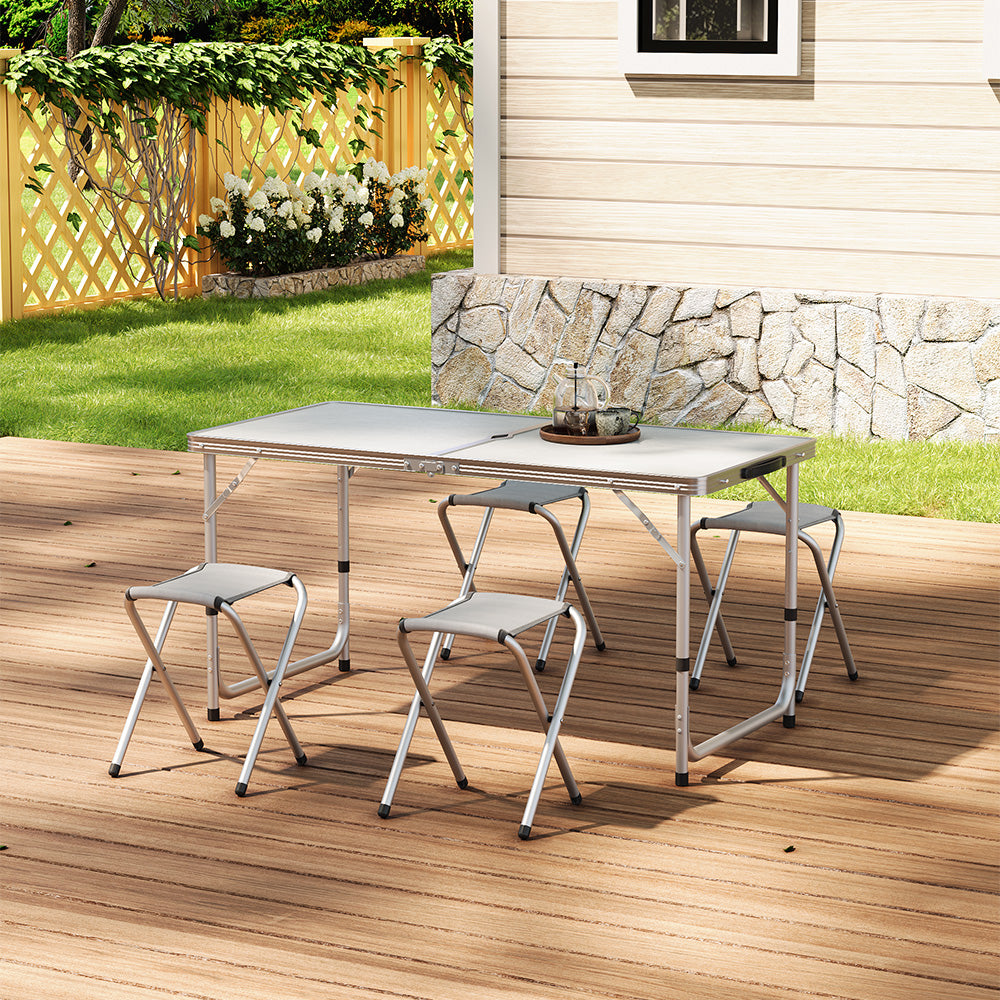 White Aluminium Folding Camping Table Set with 4 Stools