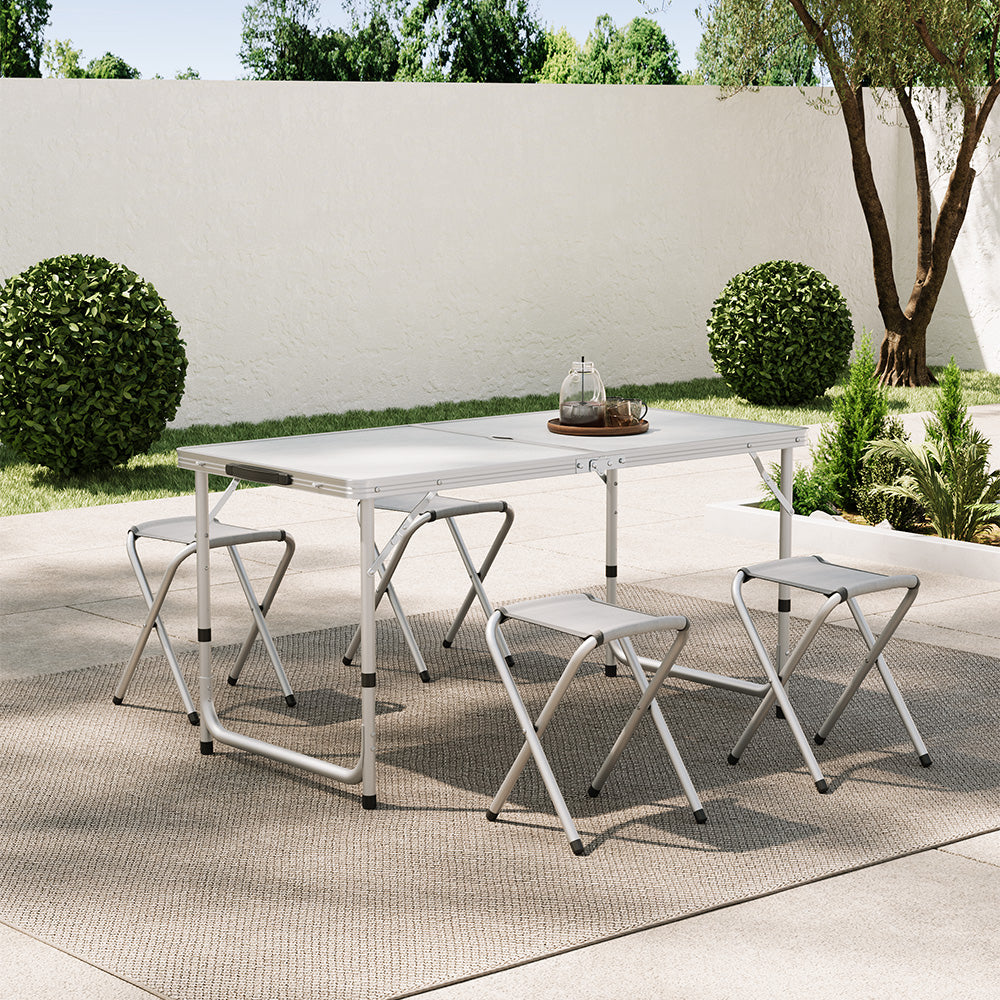 White Aluminium Folding Camping Table Set with 4 Stools