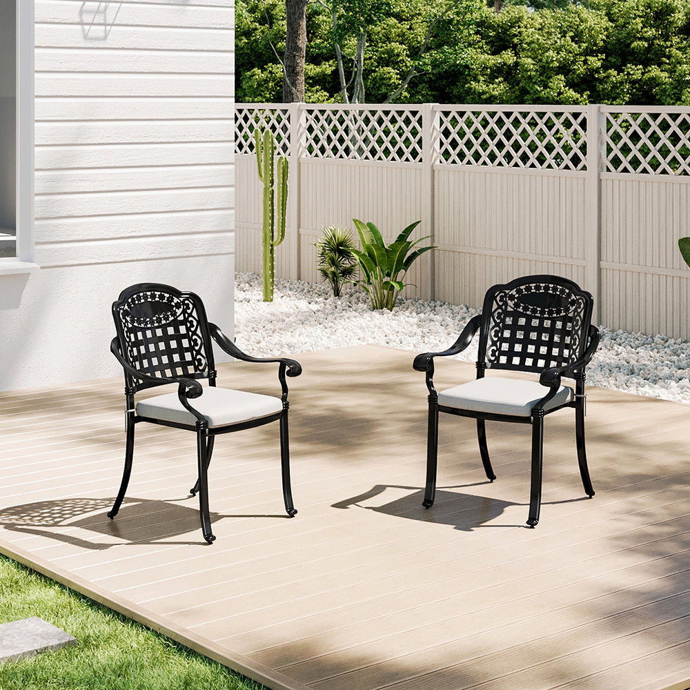 Set of 2 Cast Aluminium Garden Patio Chairs with Cushions