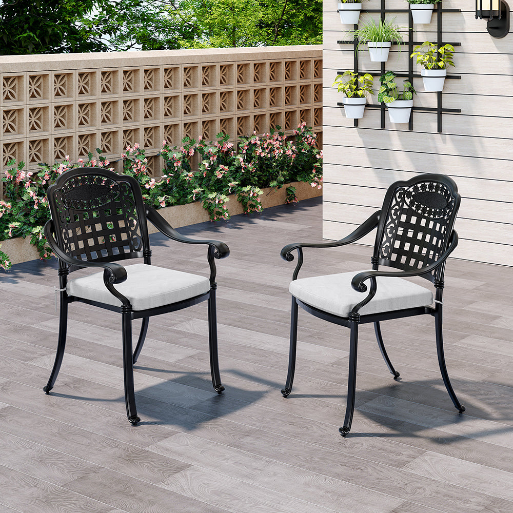 Set of 2 Cast Aluminium Garden Patio Chairs with Cushions