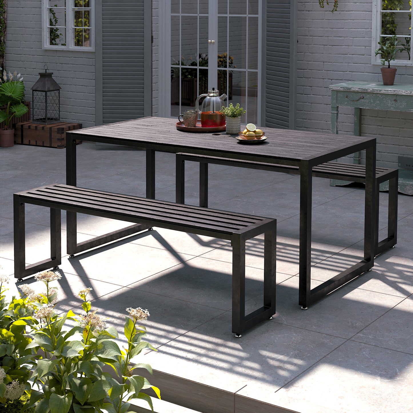 Grey Garden Iron Patio Set with 2 Benches
