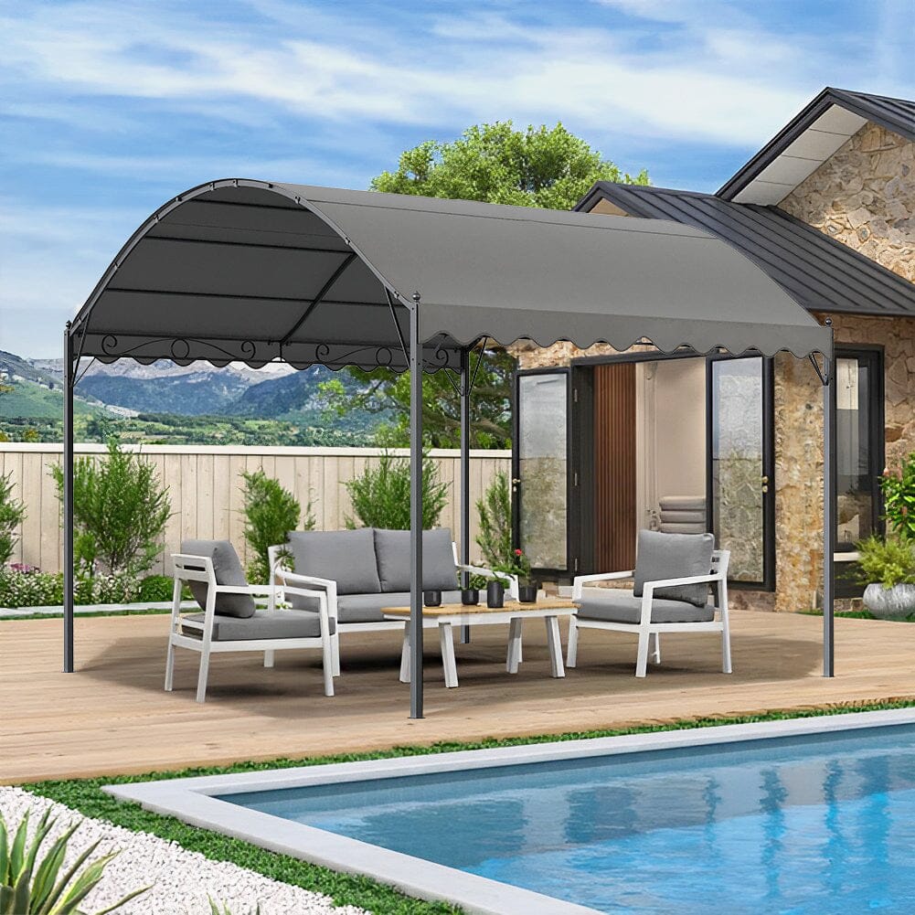 102x118 inch dark grey metal arched pergola with shade canopy for outdoor patio or garden