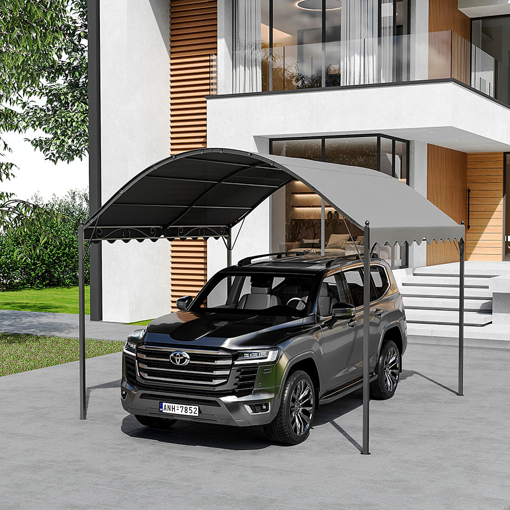 dark grey arched metal pergola with canopy installed over outdoor garden lounge area
