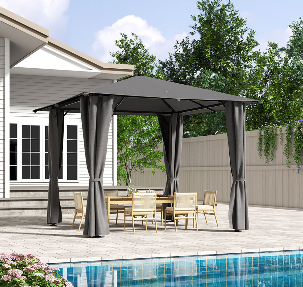 102x118 inch Dark Grey Metal Garden Sheds Gazebo with Lights