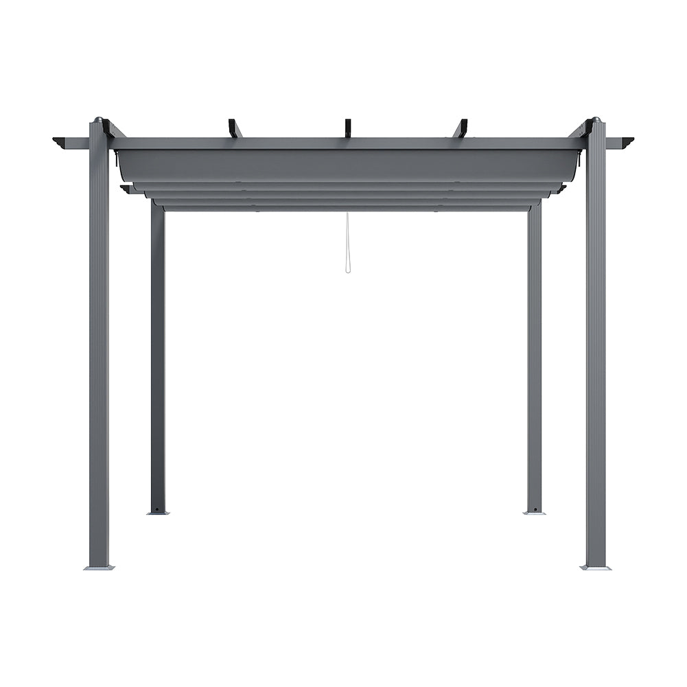 Dark Grey Aluminum Square Pergola with Horizontal Pull Canopy – Freestanding Outdoor Sunshade in Studio Background