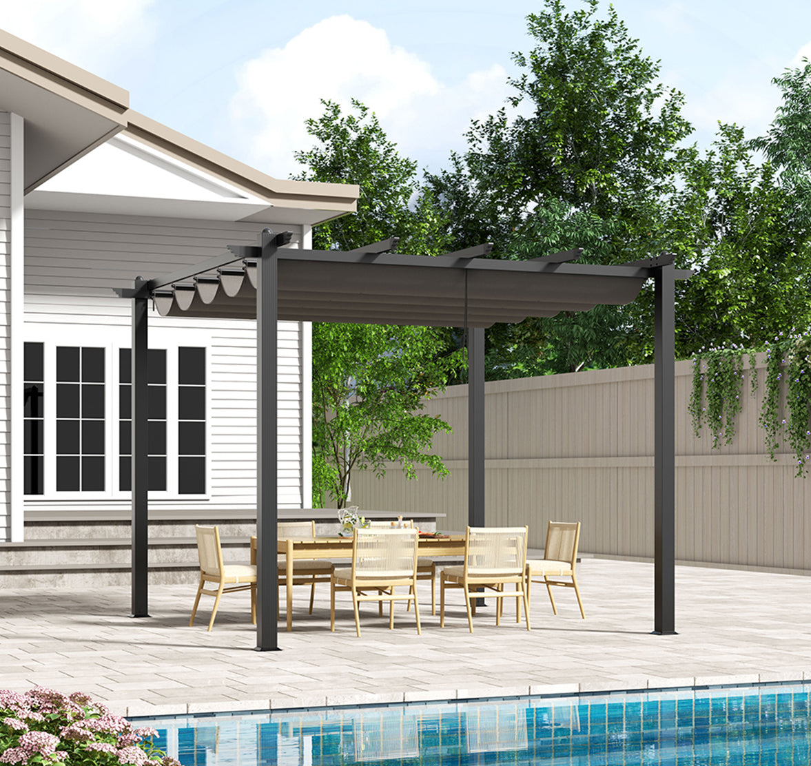 Aluminum Square Pergola with Retractable Roof Installed on Garden Patio – Perfect for Outdoor Seating or Dining Area