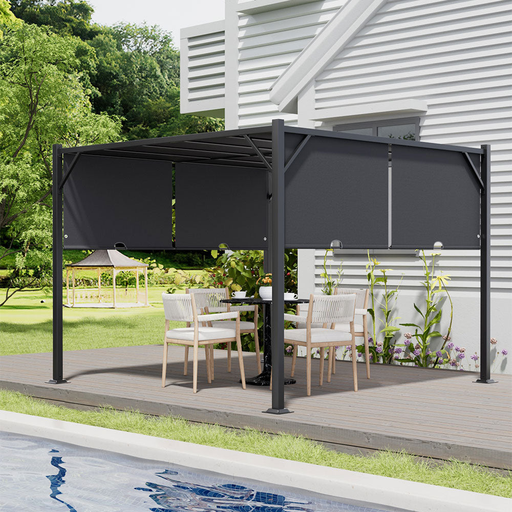 Modern Black Steel Pergola with Retractable Canopy Installed in Patio Garden