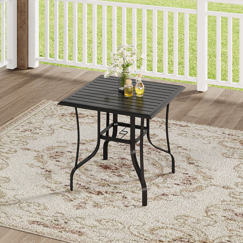 80cm Square Black Metal Patio Table on Wooden Deck – Outdoor Dining Setup