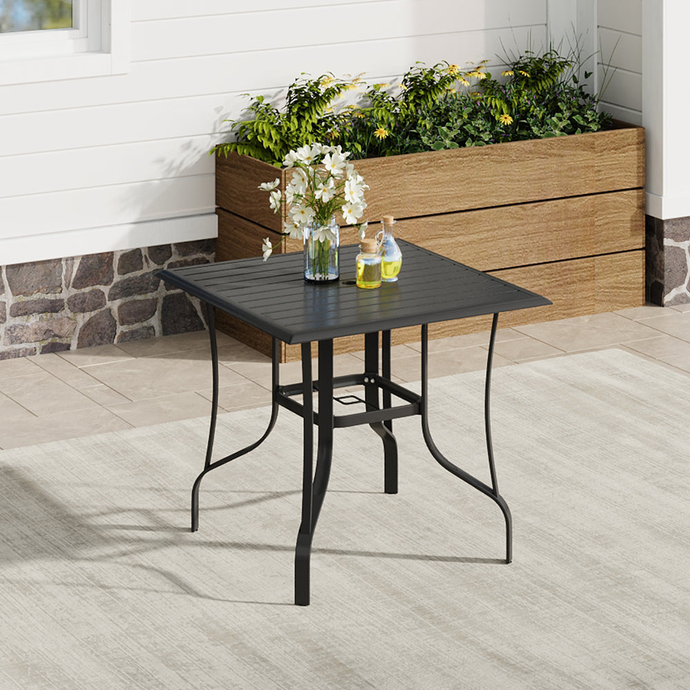 Black Square Metal Garden Table in Courtyard Setting – 80x80cm Size