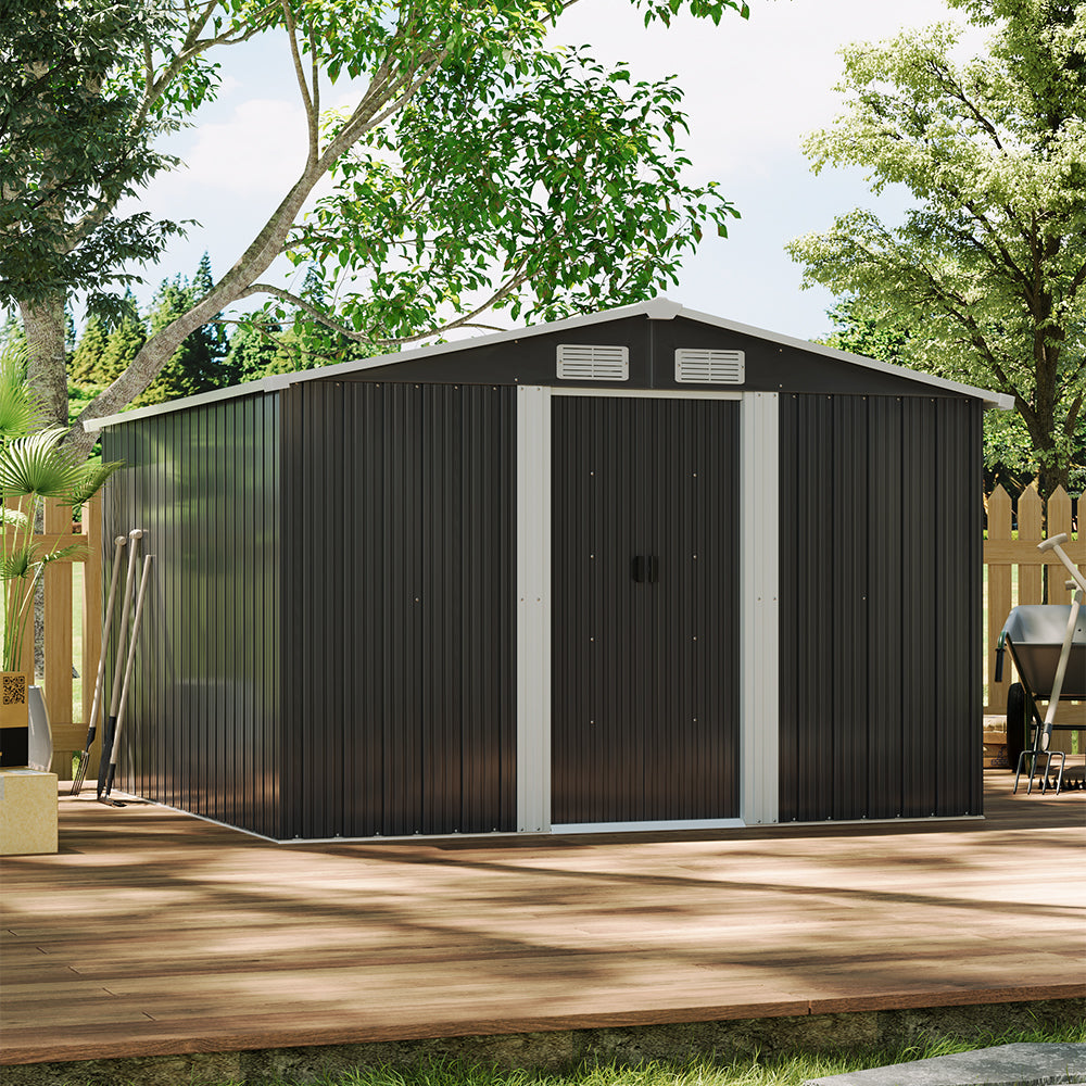 Closed 8x8ft Black Metal Shed – Gable Roof Outdoor Structure in Garden Scene