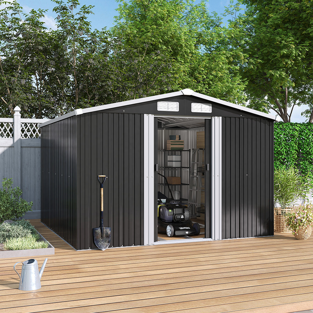 8x8ft Black Metal Garden Shed with Gable Roof – Spacious Outdoor Storage Solution