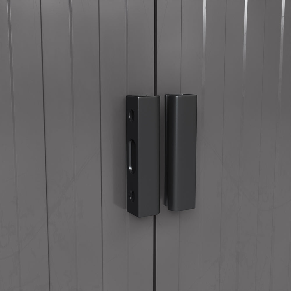 Close-Up of Black Garden Shed Handle – Lockable Entry for 4x6ft Metal Storage Unit