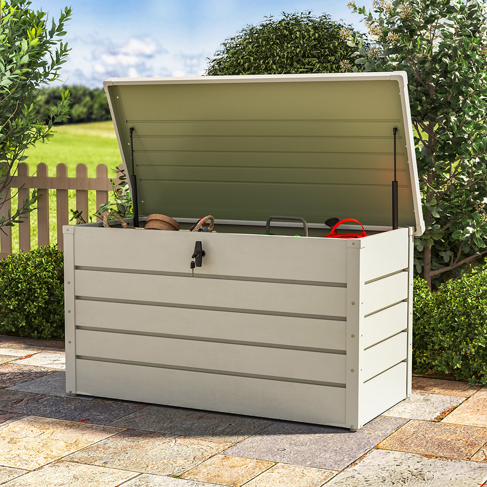 350L white steel garden storage box – waterproof and lockable outdoor container for patio tools and cushions