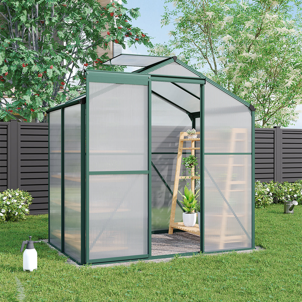 4x6ft Green Framed Greenhouse with Base – Durable Polycarbonate Panels and Roof Ventilation