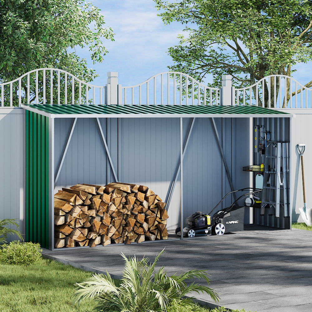 11x3ft Green Metal Garden Storage Shed with Lean-to Roof – Front Angle View