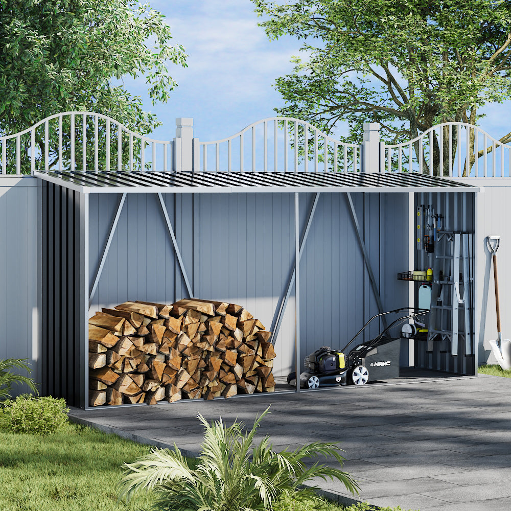 11x3ft Black Metal Garden Storage Shed with Lean-to Roof – Front Angle View