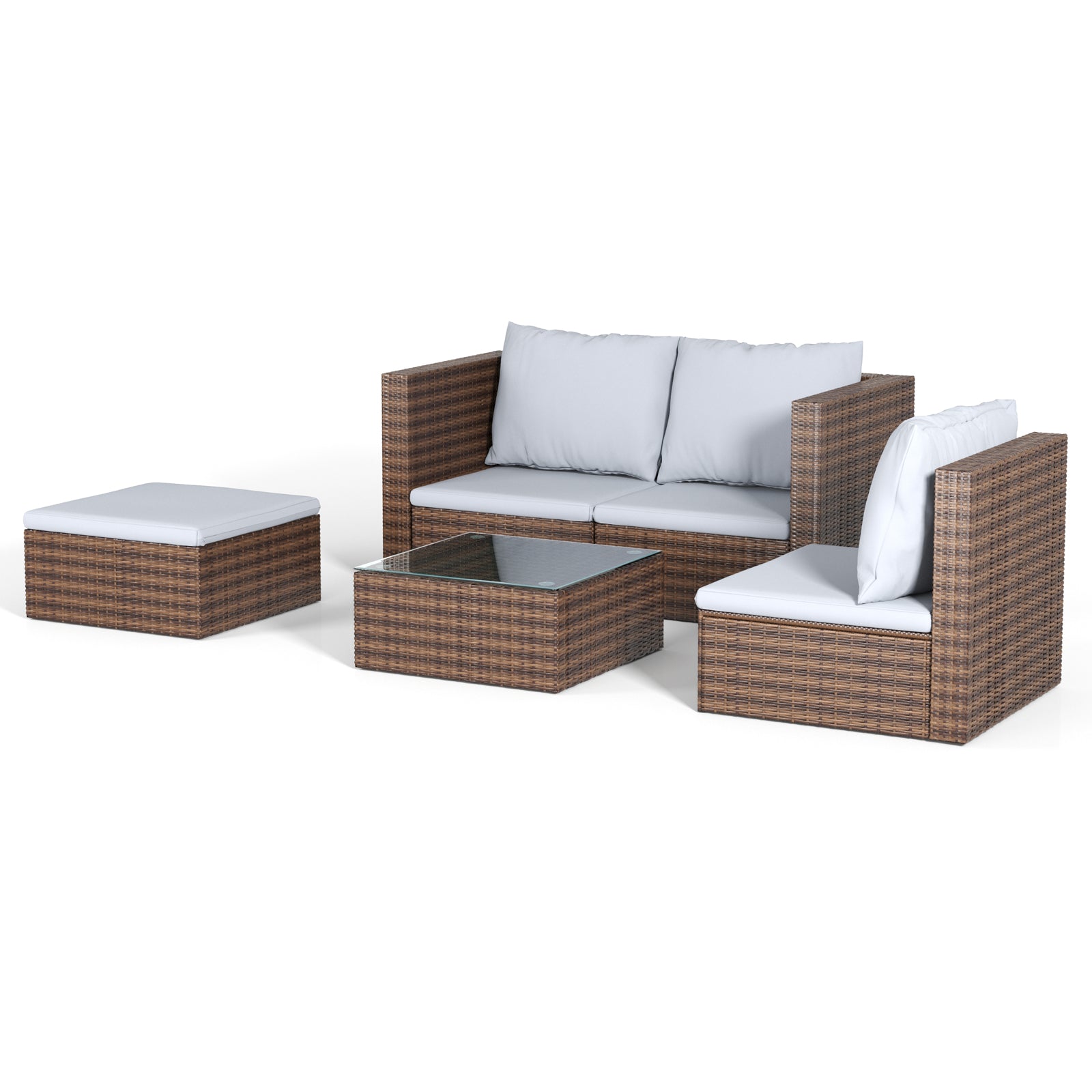 Modular 5-Piece Rattan Garden Furniture Set with Cushions – Isolated on White Background