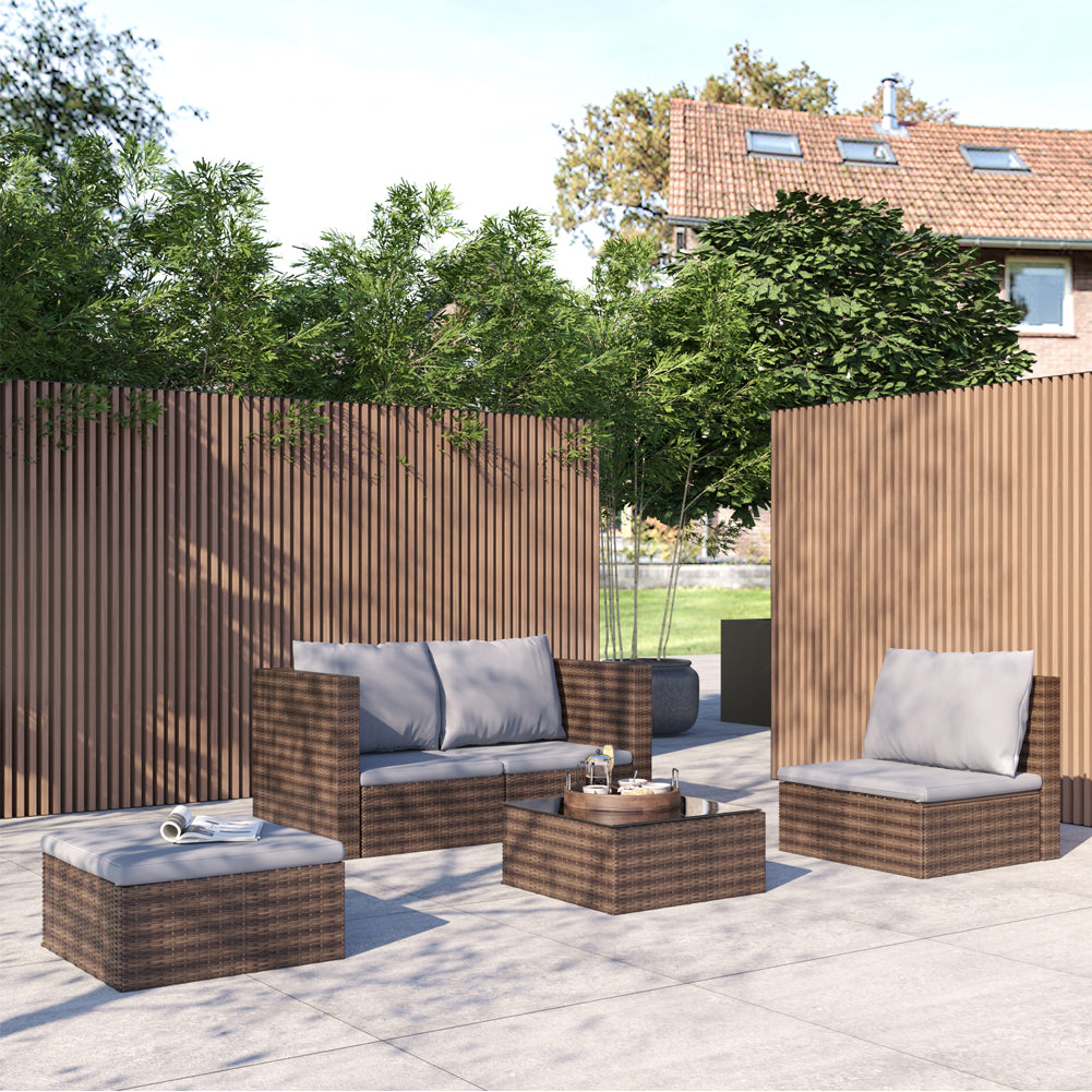 Rattan Patio Sofa Set with Beige Cushions on Deck – Stylish Outdoor Living Area