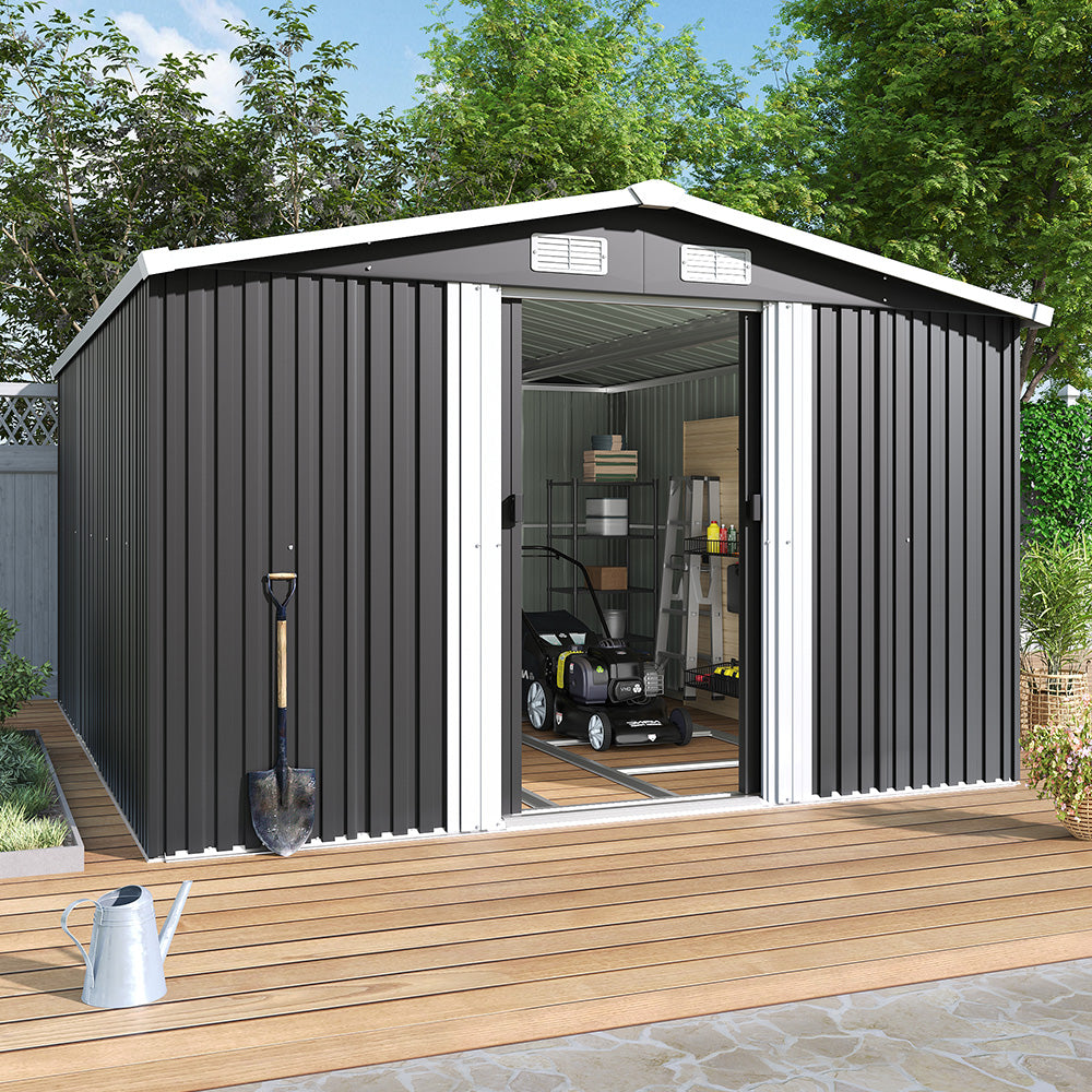 10x12ft Metal Garden Shed with Tools and Equipment – Ideal Outdoor Storage Against Wall