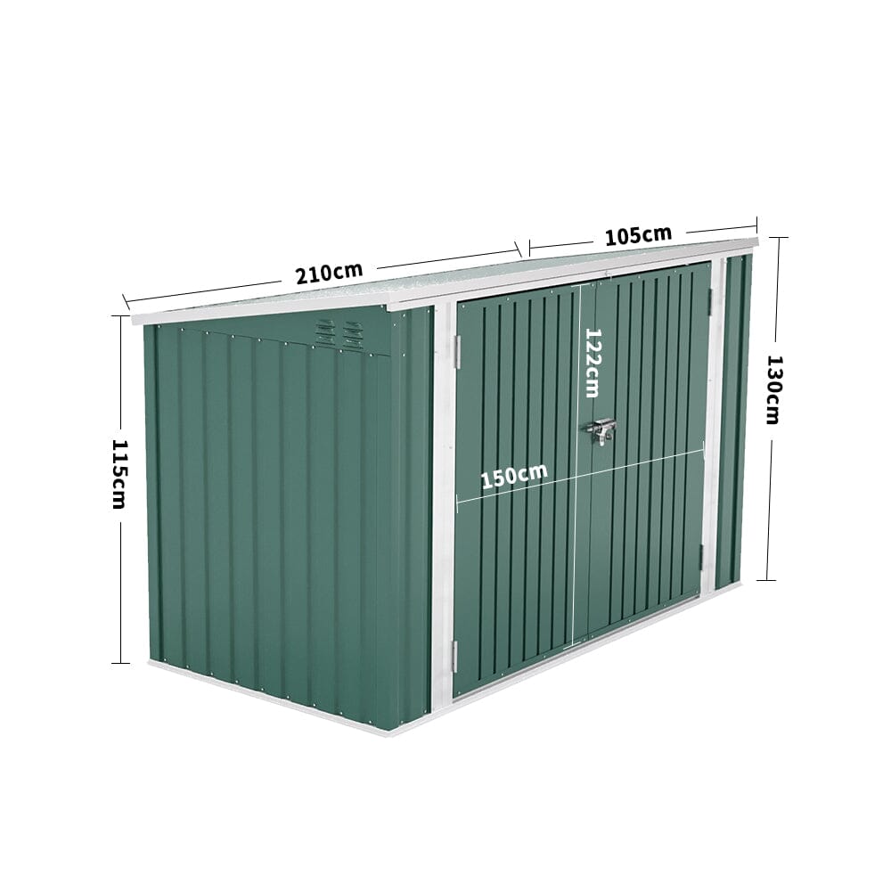 green metal garden shed with door closed – 7x3ft size layout for outdoor storage
