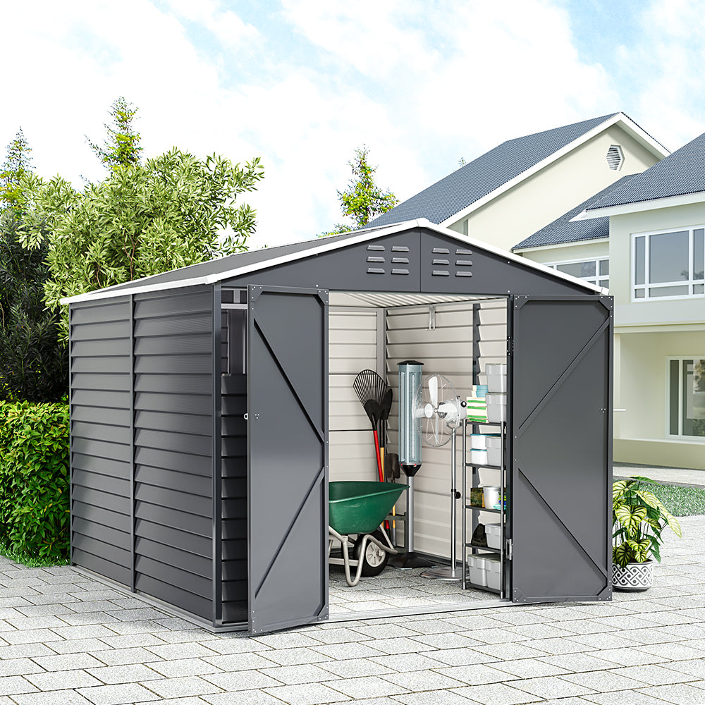 8x9ft Double-Door Charcoal Steel Tool Shed With Front Window and Ventilation