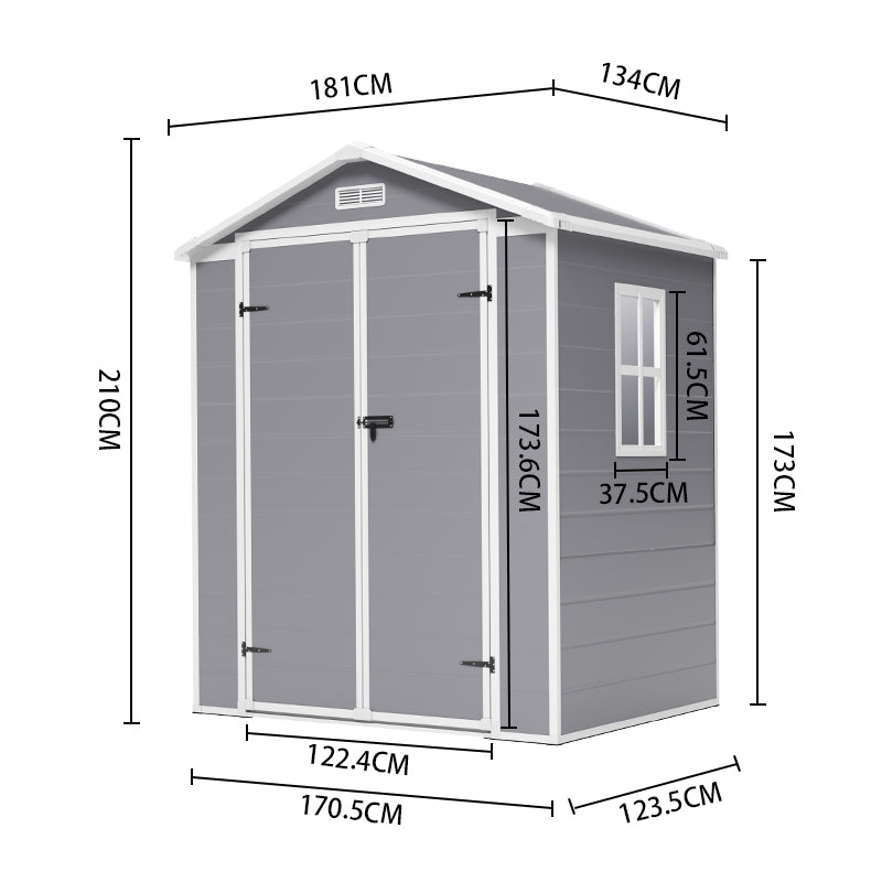 dimension chart of 6x4ft grey garden storage shed showing height, width, and depth measurements