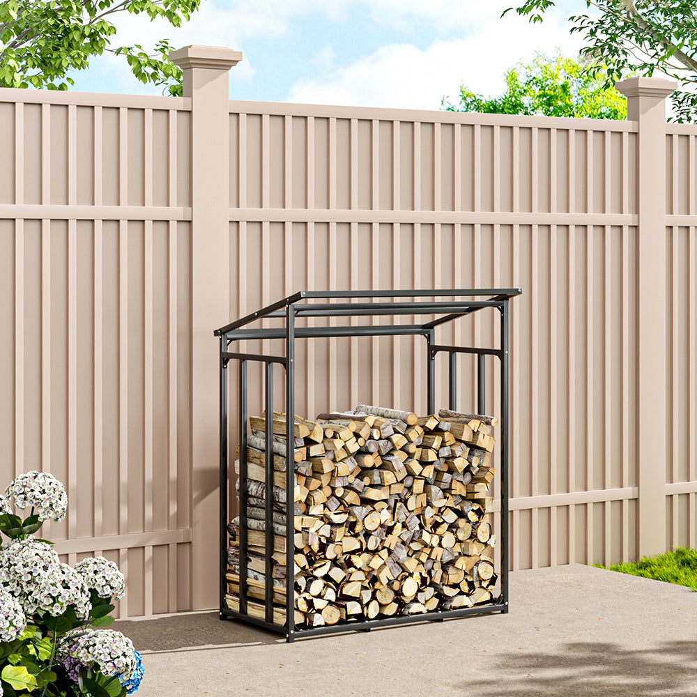 S Size Metal Firewood Rack with PE Cover – Compact Outdoor Log Holder with Protective Roof