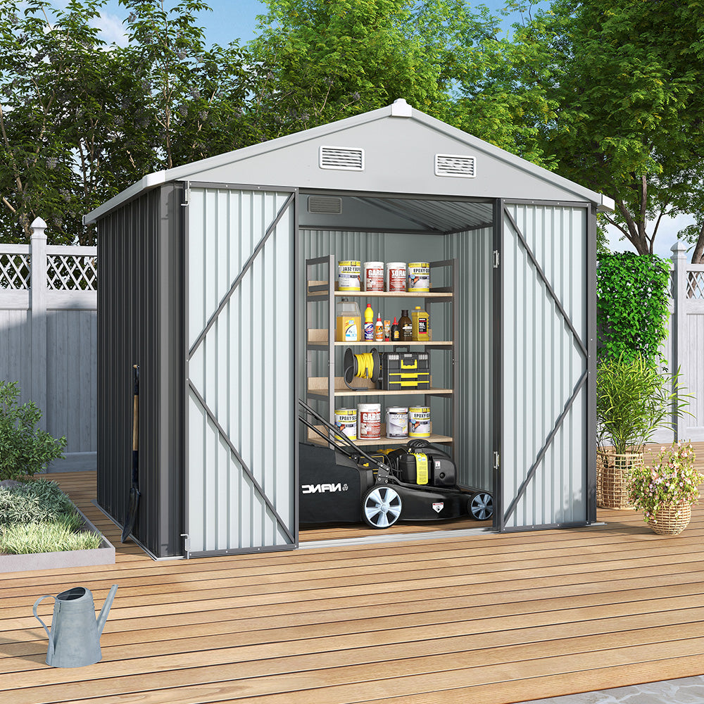 8x6ft Gray Metal Garden Storage Shed with Lockable Door – Weather-Resistant Outdoor Storage Solution