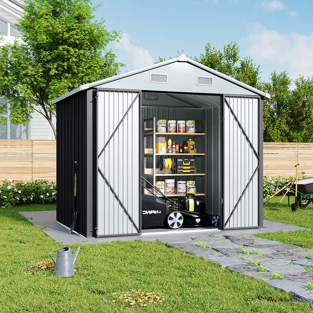 Spacious 8x6ft Gray Metal Garden Storage Shed with Open Doors – Ideal for Tools, Equipment, and Firewood