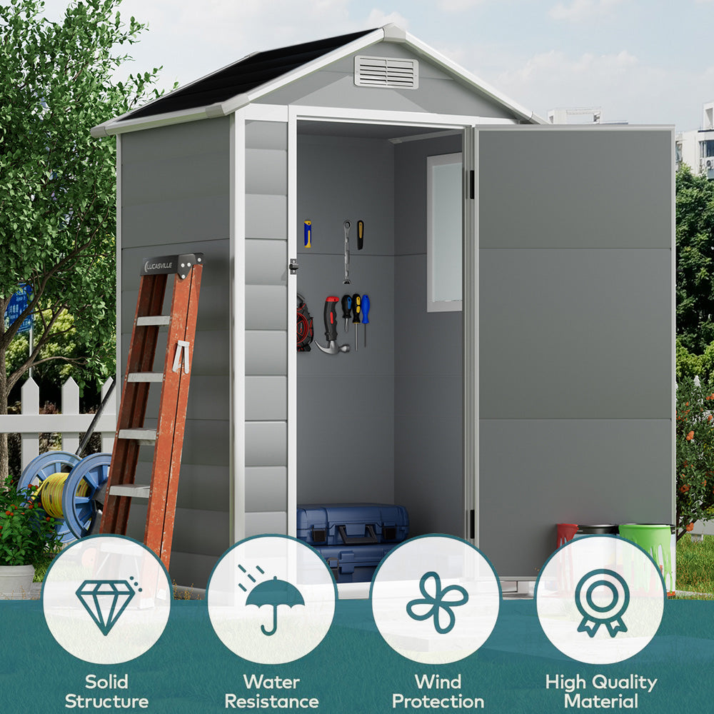diagram highlighting four main features of 4x3ft apex roof garden shed including ventilation and lock