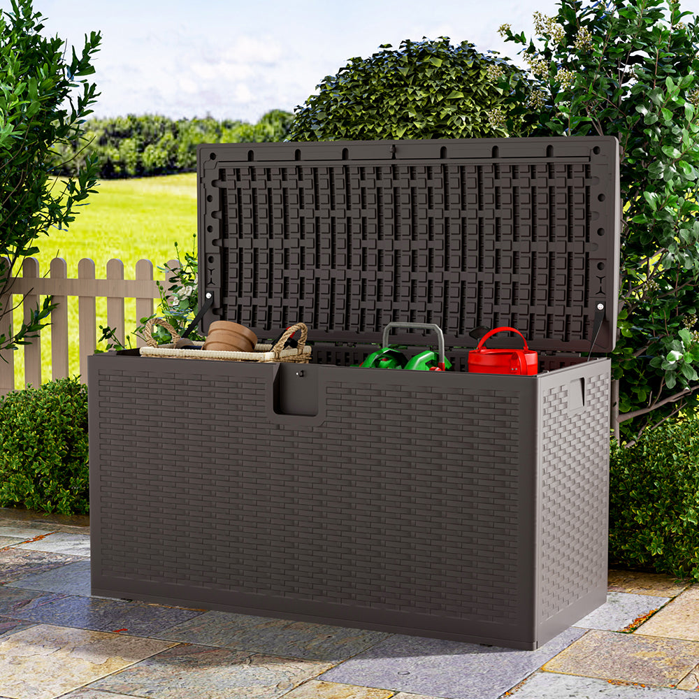 Lockable brown rattan outdoor storage box – 127x56x63.5cm waterproof garden deck chest for patio cushions and tools