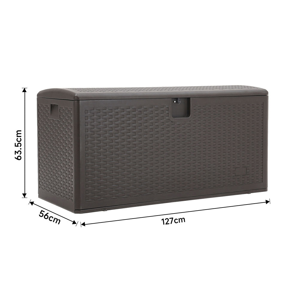Size chart of brown rattan storage box – 127x61x63.5cm patio waterproof deck box with lock