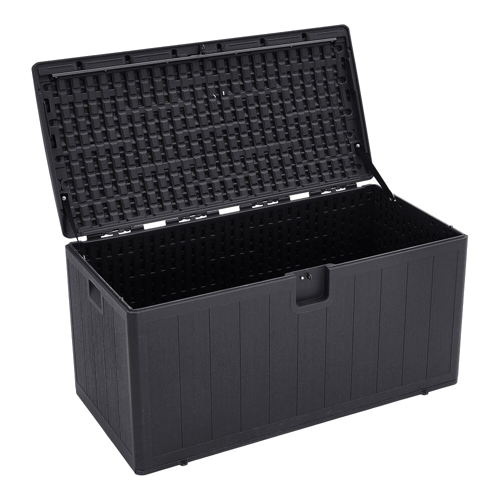 Black rattan plastic storage chest – 127x56x63.5cm weatherproof garden deck box with locking lid