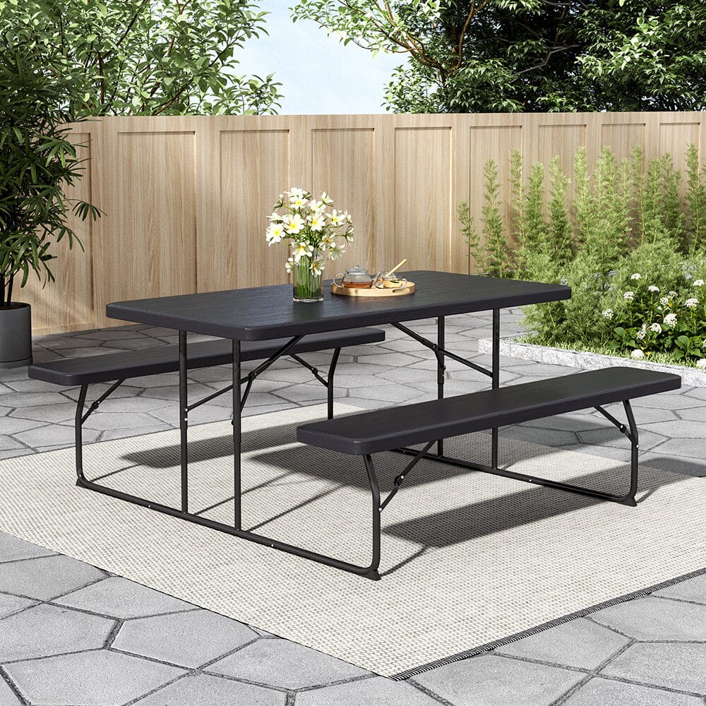 180cm Foldable Picnic Table and Bench Set with Parasol Hole Black/White Living and Home