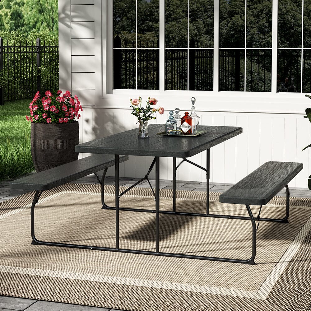 180cm Foldable Picnic Table and Bench Set with Parasol Hole Black/White Living and Home Black