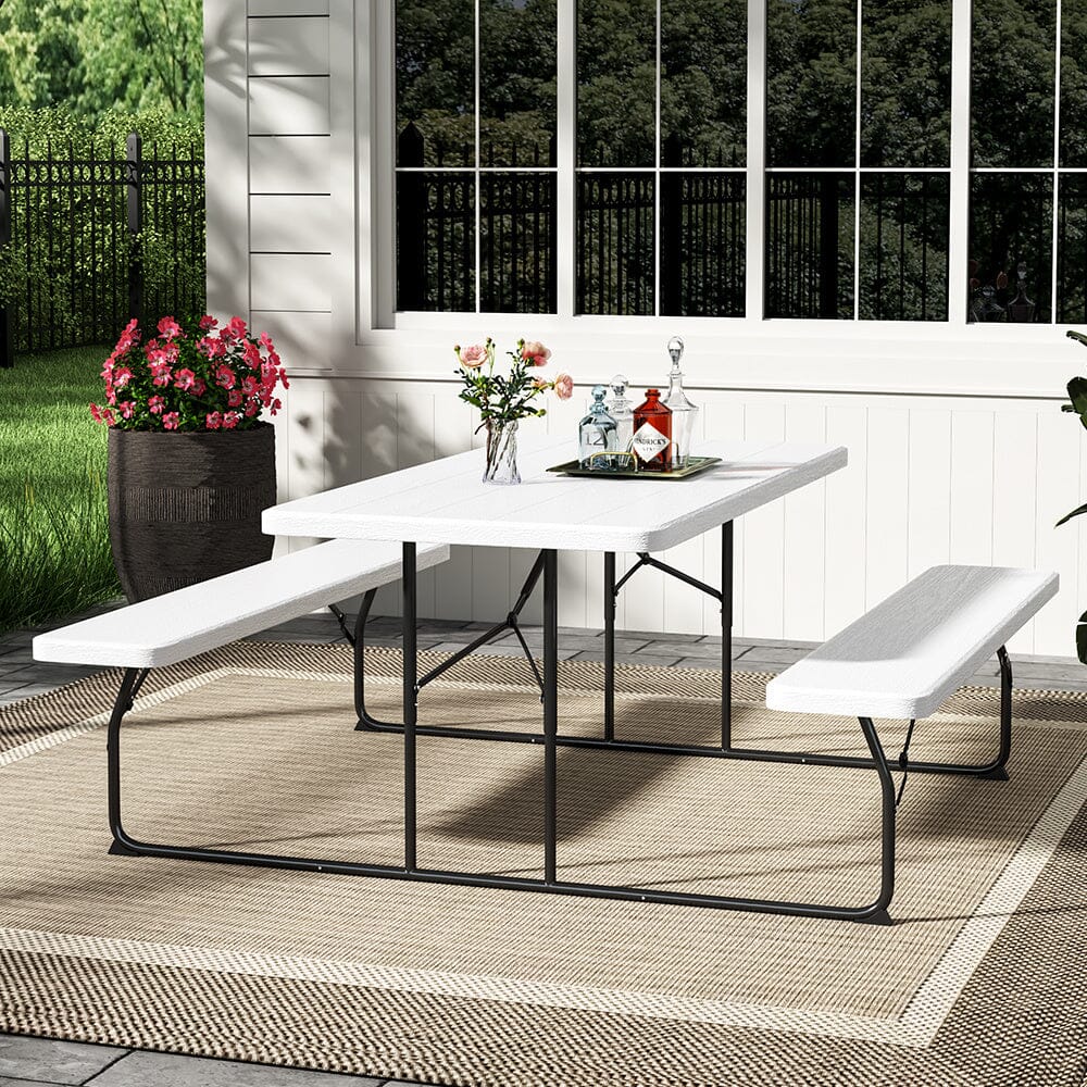 180cm Foldable Picnic Table and Bench Set with Parasol Hole Black/White Living and Home White