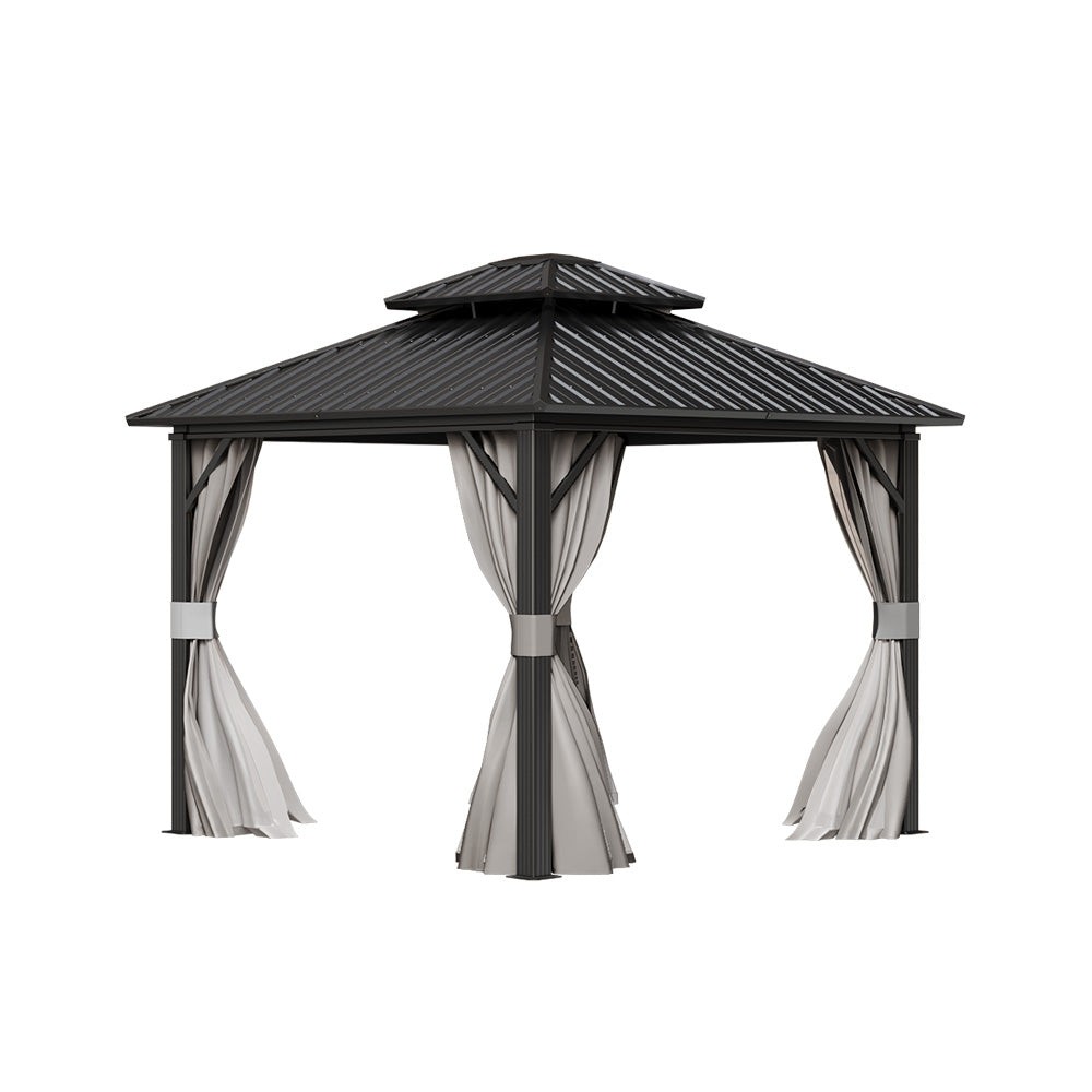 Grey 10x10ft Aluminum Hardtop Gazebo with Curtains and Netting - Studio White Background