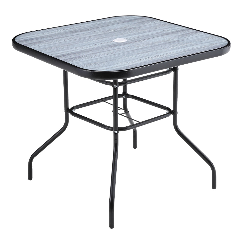 80 x 80 cm black square glass patio table with wood grain texture – product photo on white background