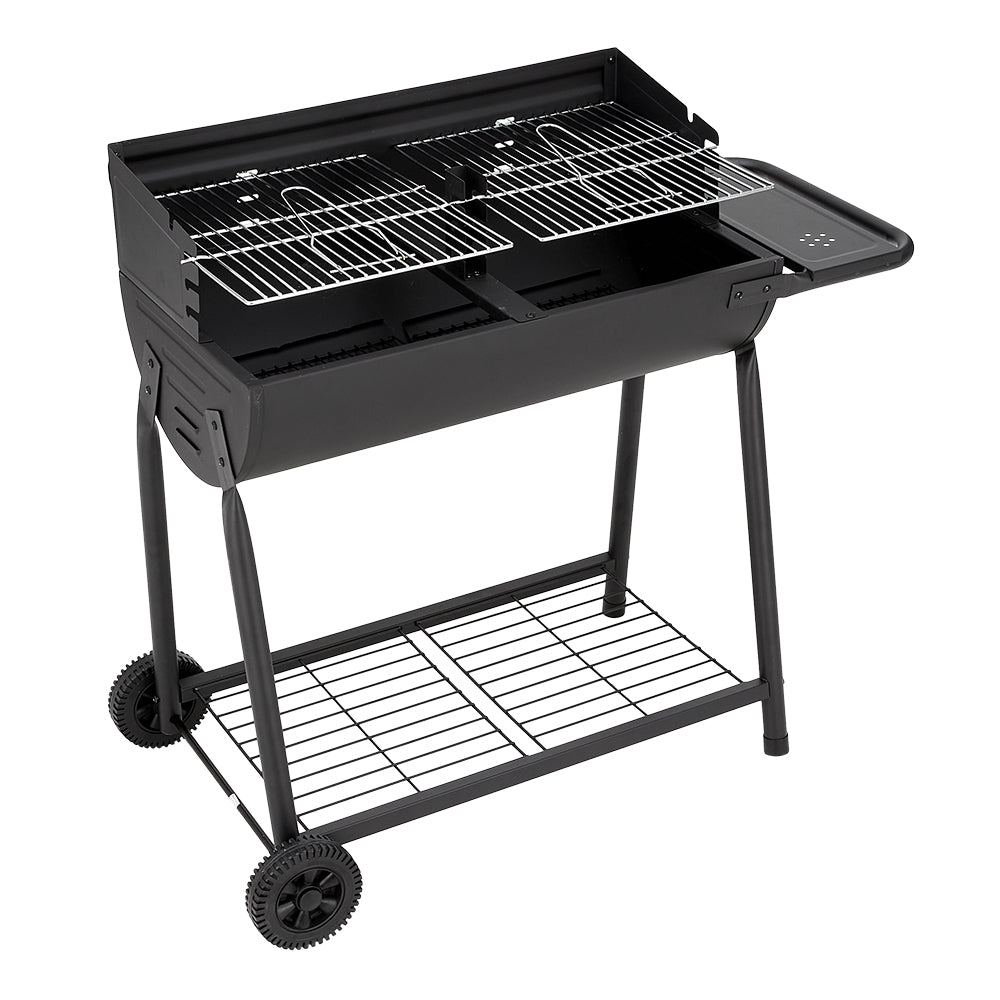 Black Outdoor Garden Charcoal Grill with Wheels and Side Table