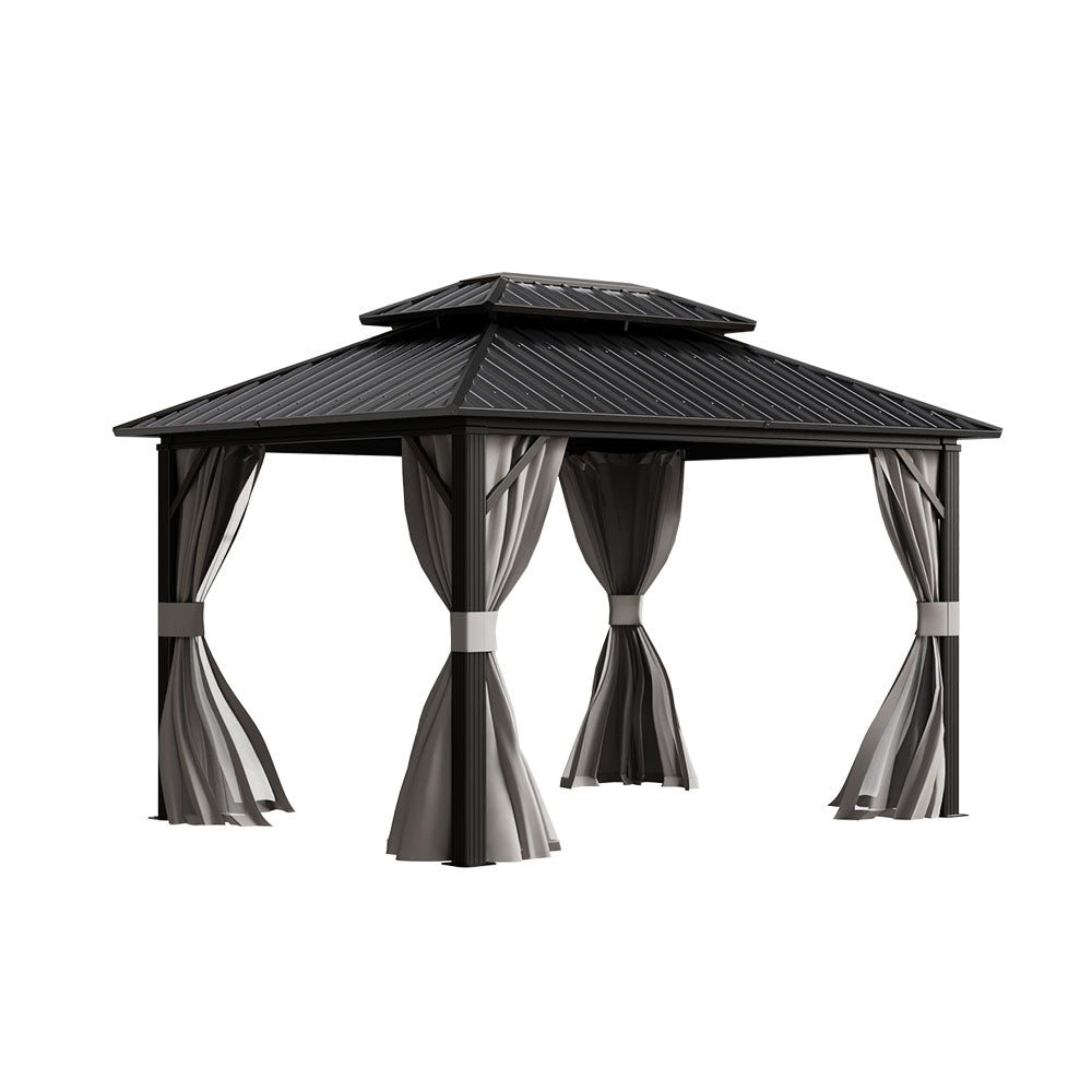 Grey 12x10ft Metal Hardtop Gazebo with Curtains - White Background Product Shot