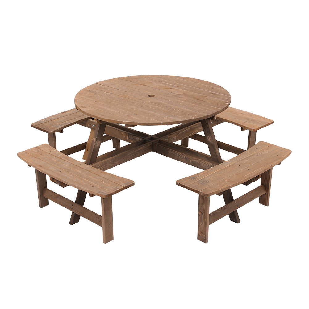 Circular Wooden Picnic Table with Integrated Benches – 8-Seater Outdoor Patio Set