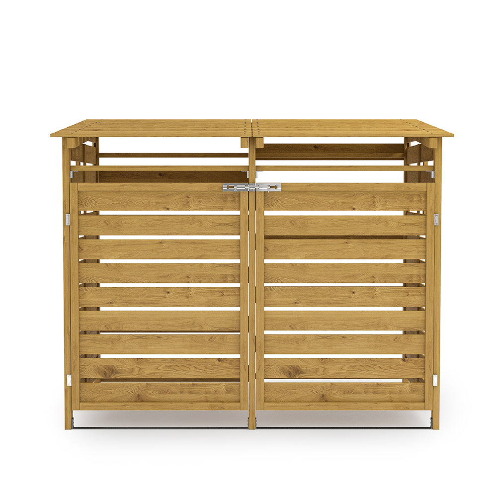 natural 5x3ft spruce wood bin shed with sloped roof and double doors, isolated on white background