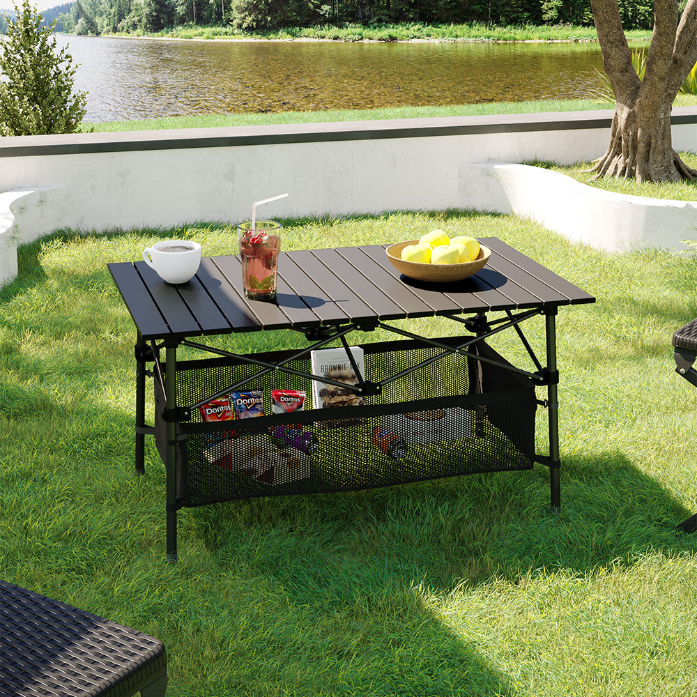 Folding Camping Table with Adjustable Height and Storage Basket