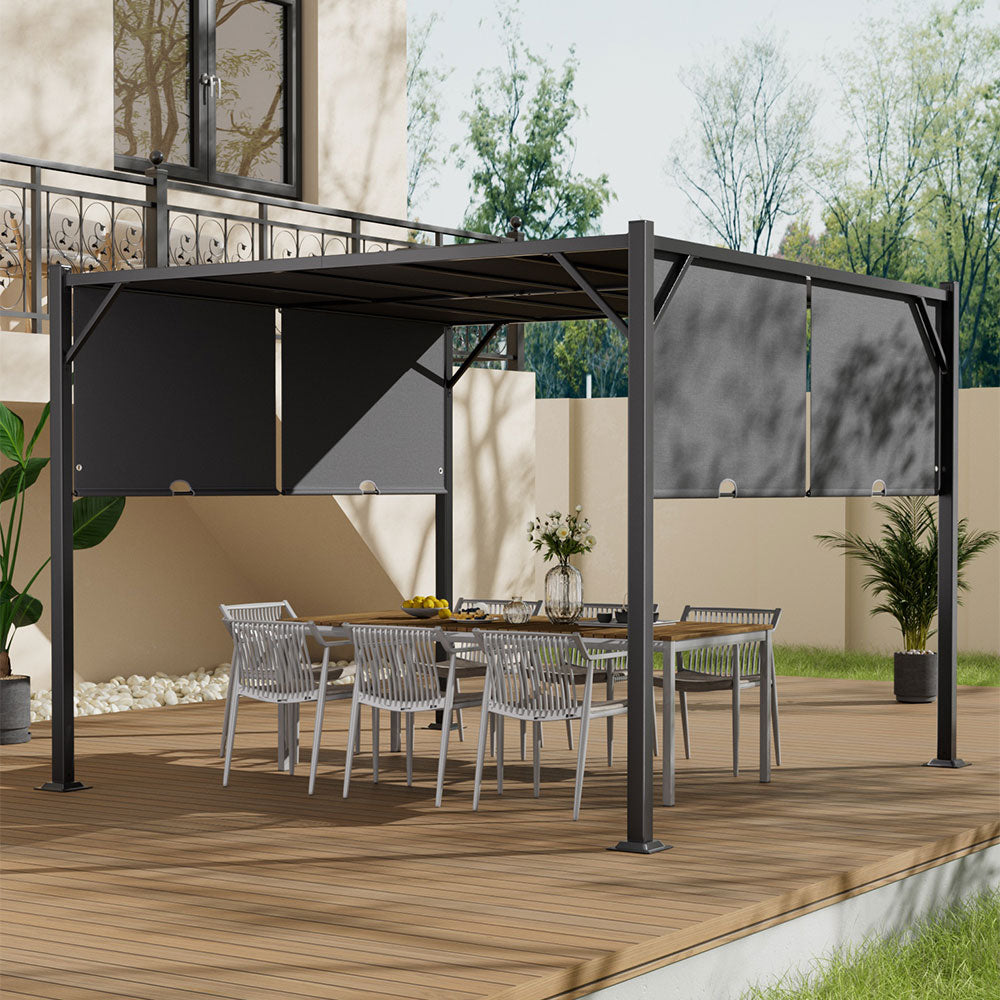 Dark Black Outdoor Retractable Steel Pergola with Canopy